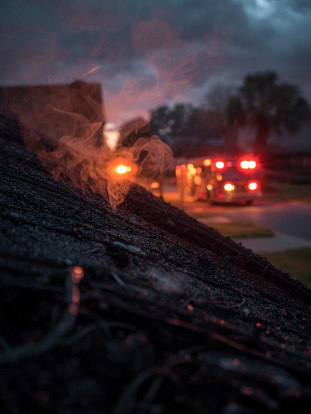 A dramatic scene of a suburban American house after a fire, light smoke rising, fire trucks in the background, evening lighting, cinematic, realistic, high detail (1)