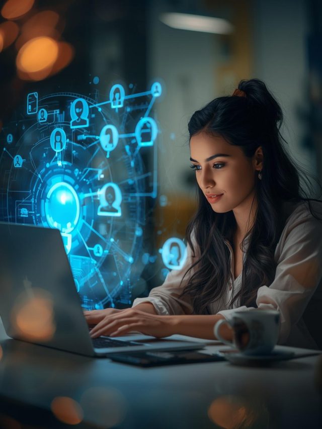 _young entrepreneur working on laptop with global team hologram, modern workspace, remote hiring concept, futuristic UI, professional lighting, ultra realistic_